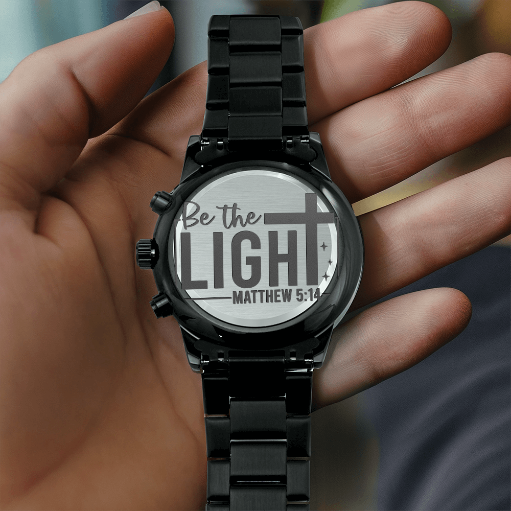 Be the Light Scripture Faith Based Engraved Black Chronograph Watch