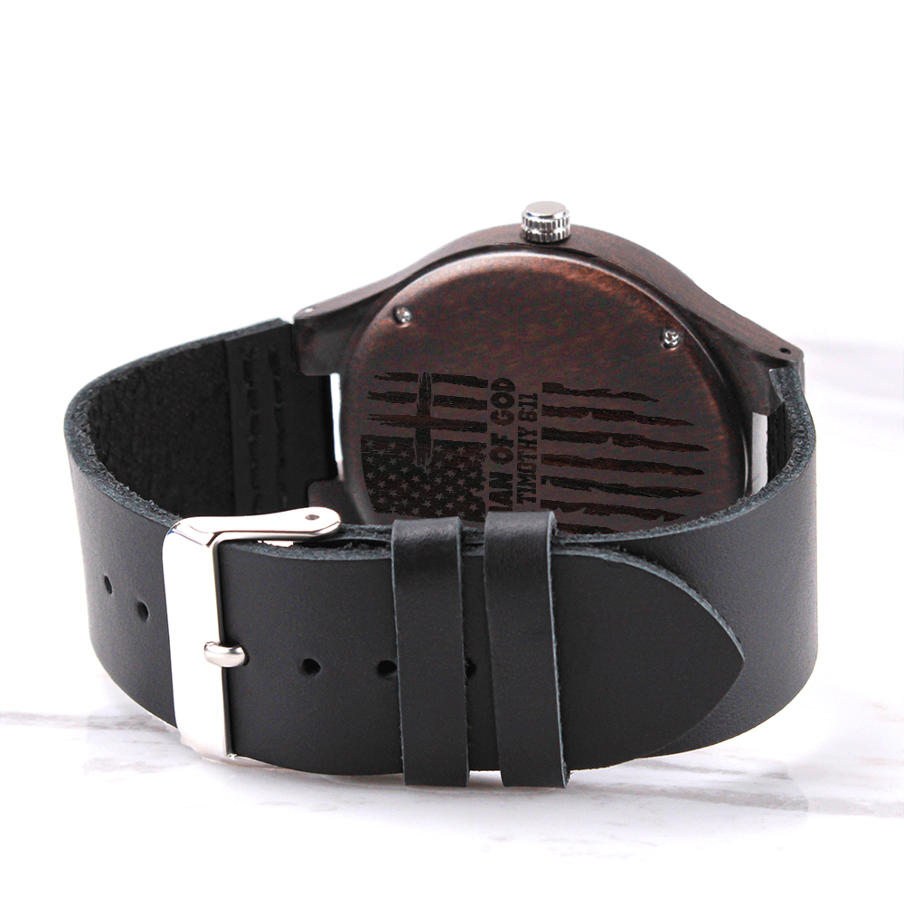 American Flag Man of God Faith Based Engraved Wooden Watch