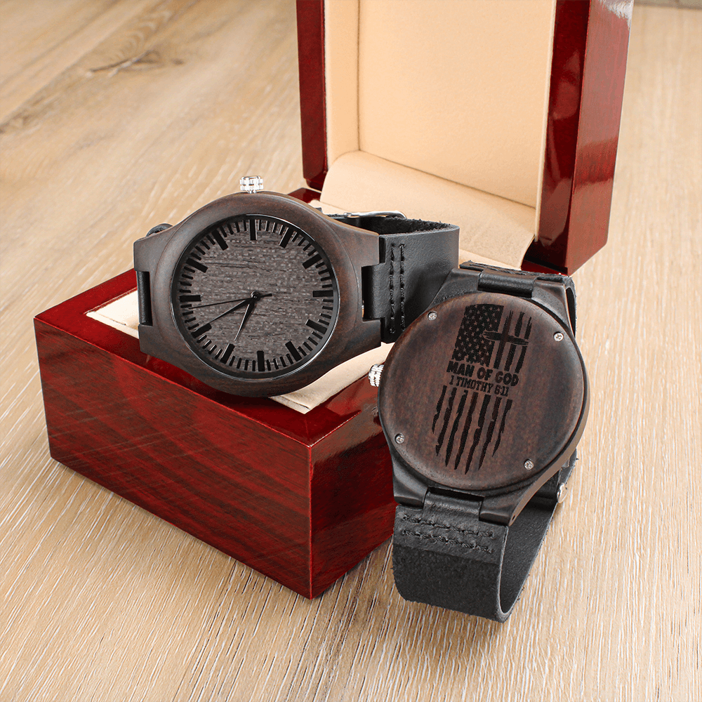 American Flag Man of God Faith Based Engraved Wooden Watch
